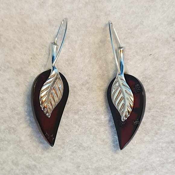 2’’ Elegant Vintage 1980s Cherry Baltic Amber & Sterling Silver Leaf Earrings - Picture 9 of 12